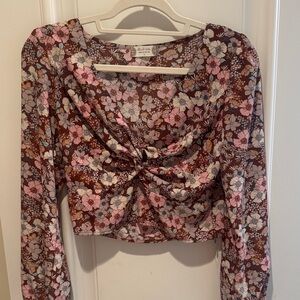 Altar'd State Floral Twist Front Blouse - Pink and Brown